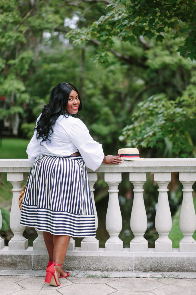 Musings of a Curvy Lady, Plus Size Fashion, Fashion, Fashion Blogger, Striped Skirt, Parisian Inspired Style, Summer Fashion, Women's Fashion, Boater Hat, Pink Peonies, Simply Be, Just Fab, Ashley Stewart, ASOS