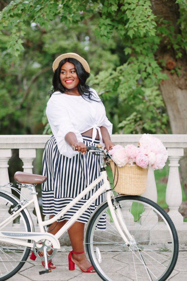 Musings of a Curvy Lady, Plus Size Fashion, Fashion, Fashion Blogger, Striped Skirt, Parisian Inspired Style, Summer Fashion, Women's Fashion, Boater Hat, Pink Peonies, Simply Be, Just Fab, Ashley Stewart, ASOS