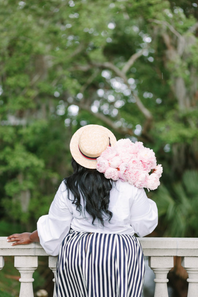 Musings of a Curvy Lady, Plus Size Fashion, Fashion, Fashion Blogger, Striped Skirt, Parisian Inspired Style, Summer Fashion, Women's Fashion, Boater Hat, Pink Peonies, Simply Be, Just Fab, Ashley Stewart, ASOS