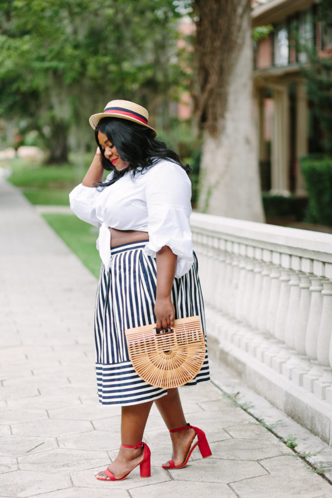 Musings of a Curvy Lady, Plus Size Fashion, Fashion, Fashion Blogger, Striped Skirt, Parisian Inspired Style, Summer Fashion, Women's Fashion, Boater Hat, Pink Peonies, Simply Be, Just Fab, Ashley Stewart, ASOS