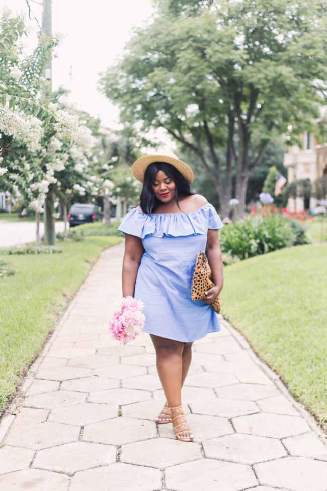 Musings of a Curvy Lady, Plus Size Fashion, Fashion Blogger, Ruffle Dress, Off the Shoulder Dress, Boater Hat, Gladiator Sandals, Simply Be