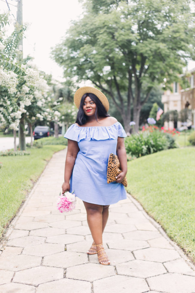 Musings of a Curvy Lady, Plus Size Fashion, Fashion Blogger, Ruffle Dress, Off the Shoulder Dress, Boater Hat, Gladiator Sandals, Simply Be