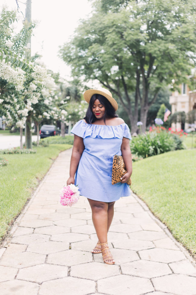 Musings of a Curvy Lady, Plus Size Fashion, Fashion Blogger, Ruffle Dress, Off the Shoulder Dress, Boater Hat, Gladiator Sandals, Simply Be