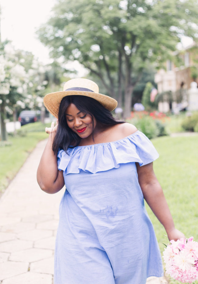 Musings of a Curvy Lady, Plus Size Fashion, Fashion Blogger, Ruffle Dress, Off the Shoulder Dress, Boater Hat, Gladiator Sandals, Simply Be