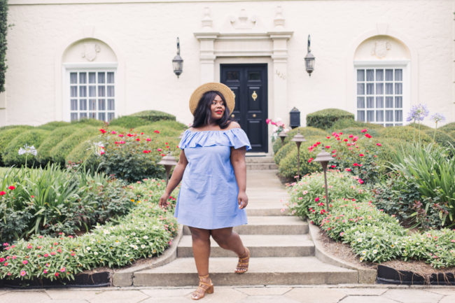 Musings of a Curvy Lady, Plus Size Fashion, Fashion Blogger, Ruffle Dress, Off the Shoulder Dress, Boater Hat, Gladiator Sandals, Simply Be