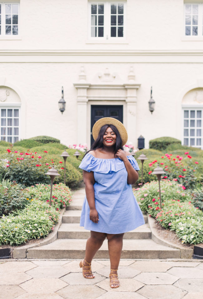 Musings of a Curvy Lady, Plus Size Fashion, Fashion Blogger, Ruffle Dress, Off the Shoulder Dress, Boater Hat, Gladiator Sandals, Simply Be