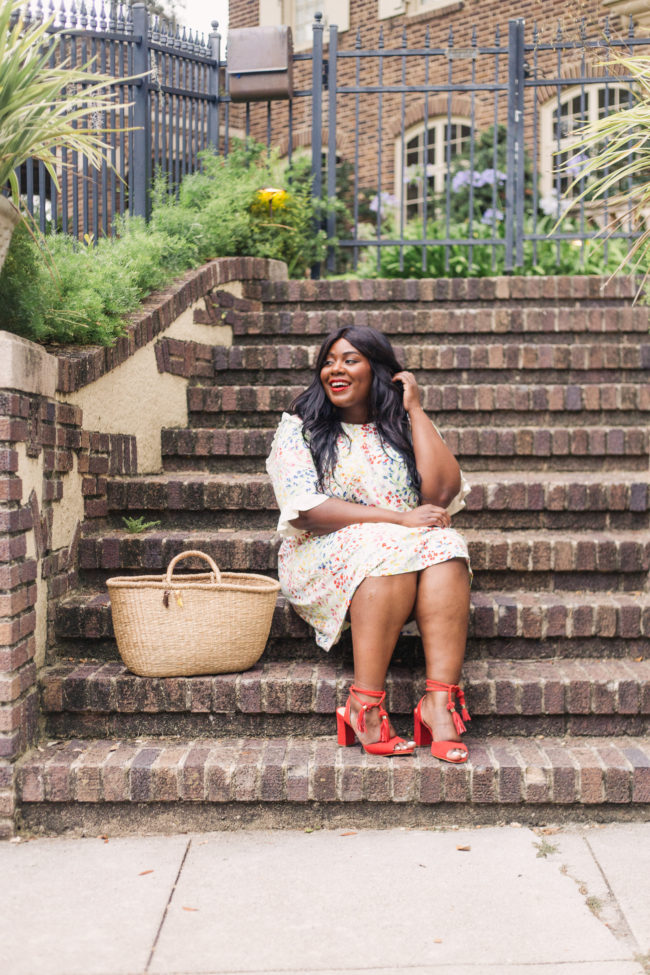 Musings of a Curvy Lady, Plus Size Fashion, Curvy Style, Summer Style, Outfit Ideas for Women, Women's Fashion, Floral Print Dress, Ruffle Dress, Tassel Sandals, Straw Tote, Stila Longwear Beso, Simply Be