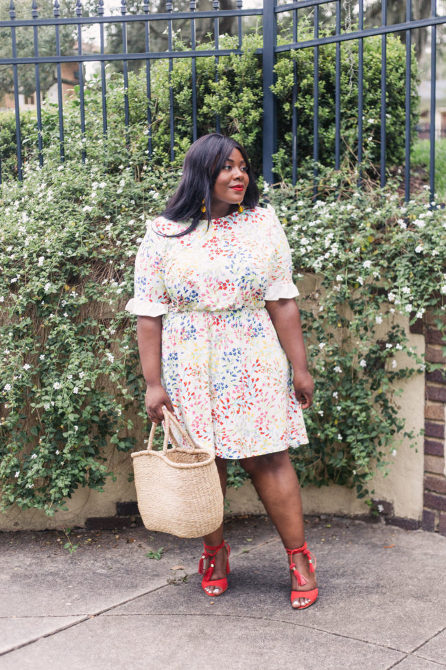 Musings of a Curvy Lady, Plus Size Fashion, Curvy Style, Summer Style, Outfit Ideas for Women, Women's Fashion, Floral Print Dress, Ruffle Dress, Tassel Sandals, Straw Tote, Stila Longwear Beso, Simply Be