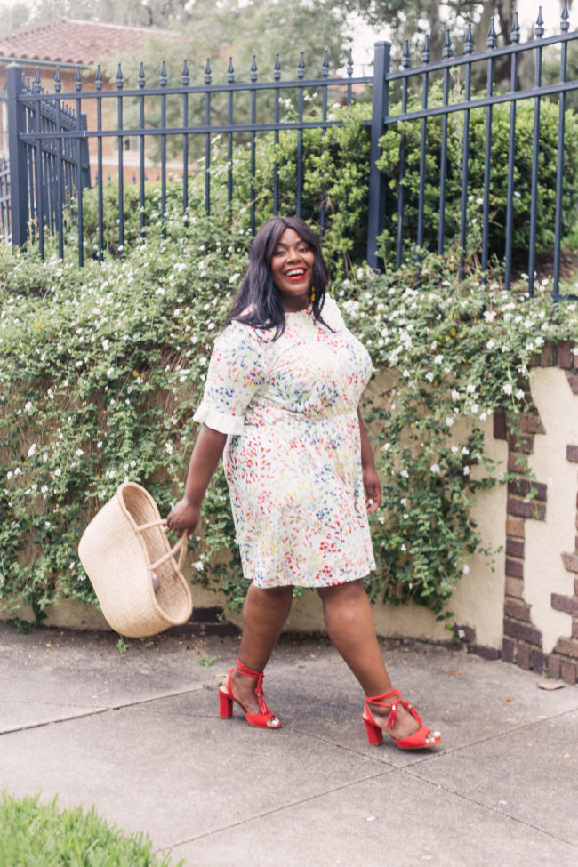 Musings of a Curvy Lady, Plus Size Fashion, Curvy Style, Summer Style, Outfit Ideas for Women, Women's Fashion, Floral Print Dress, Ruffle Dress, Tassel Sandals, Straw Tote, Stila Longwear Beso, Simply Be