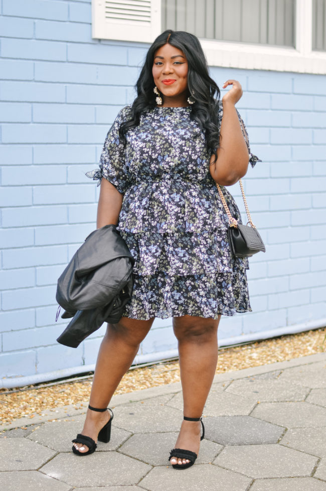 Musings of a Curvy Lady, Plus Size Fashion, Fashion Blogger, Floral Print Dress, Ruffle Dress, Fall Fashion, Women's Fashion, Fall Outfit Ideas, Simply Be, Who What Wear, Moto Jacket