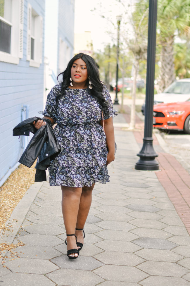 Musings of a Curvy Lady, Plus Size Fashion, Fashion Blogger, Floral Print Dress, Ruffle Dress, Fall Fashion, Women's Fashion, Fall Outfit Ideas, Simply Be, Who What Wear, Moto Jacket