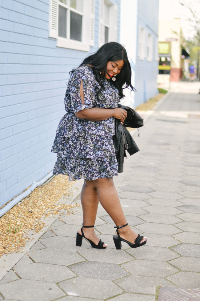 Musings of a Curvy Lady, Plus Size Fashion, Fashion Blogger, Floral Print Dress, Ruffle Dress, Fall Fashion, Women's Fashion, Fall Outfit Ideas, Simply Be, Who What Wear, Moto Jacket