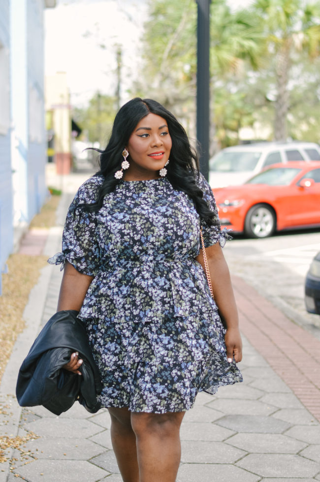 Musings of a Curvy Lady, Plus Size Fashion, Fashion Blogger, Floral Print Dress, Ruffle Dress, Fall Fashion, Women's Fashion, Fall Outfit Ideas, Simply Be, Who What Wear, Moto Jacket