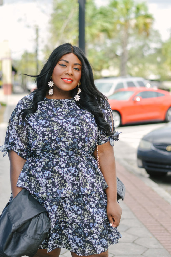 Musings of a Curvy Lady, Plus Size Fashion, Fashion Blogger, Floral Print Dress, Ruffle Dress, Fall Fashion, Women's Fashion, Fall Outfit Ideas, Simply Be, Who What Wear, Moto Jacket