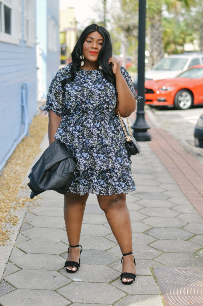 Musings of a Curvy Lady, Plus Size Fashion, Fashion Blogger, Floral Print Dress, Ruffle Dress, Fall Fashion, Women's Fashion, Fall Outfit Ideas, Simply Be, Who What Wear, Moto Jacket