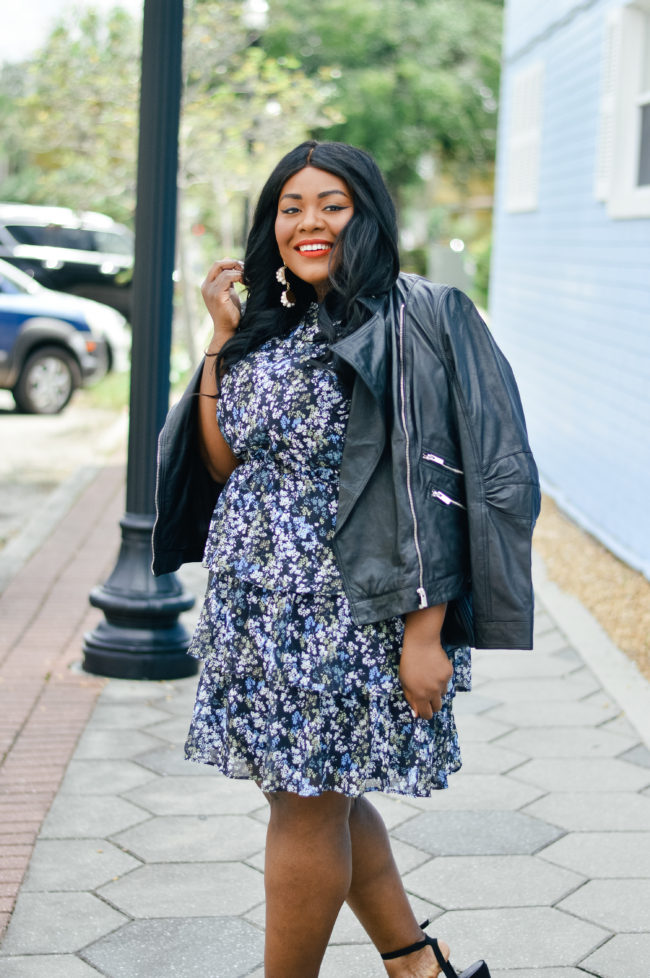 Musings of a Curvy Lady, Plus Size Fashion, Fashion Blogger, Floral Print Dress, Ruffle Dress, Fall Fashion, Women's Fashion, Fall Outfit Ideas, Simply Be, Who What Wear, Moto Jacket