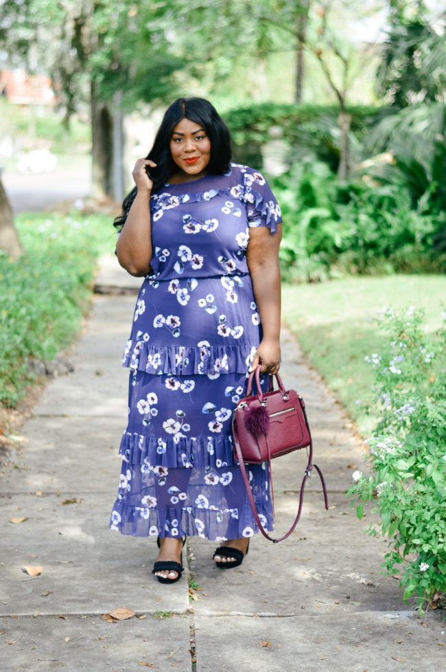 Musings of a Curvy Lady, Plus Size Fashion, Fashion Blogger, Women's Fashion, Fall Outfit Ideas, Simply Be, Who What Wear, Mesh Maxi Dress, Floral Print Maxi, Fall Maxi, Oxblood Handbag, Rebecca Minkoff, Fall Fashion