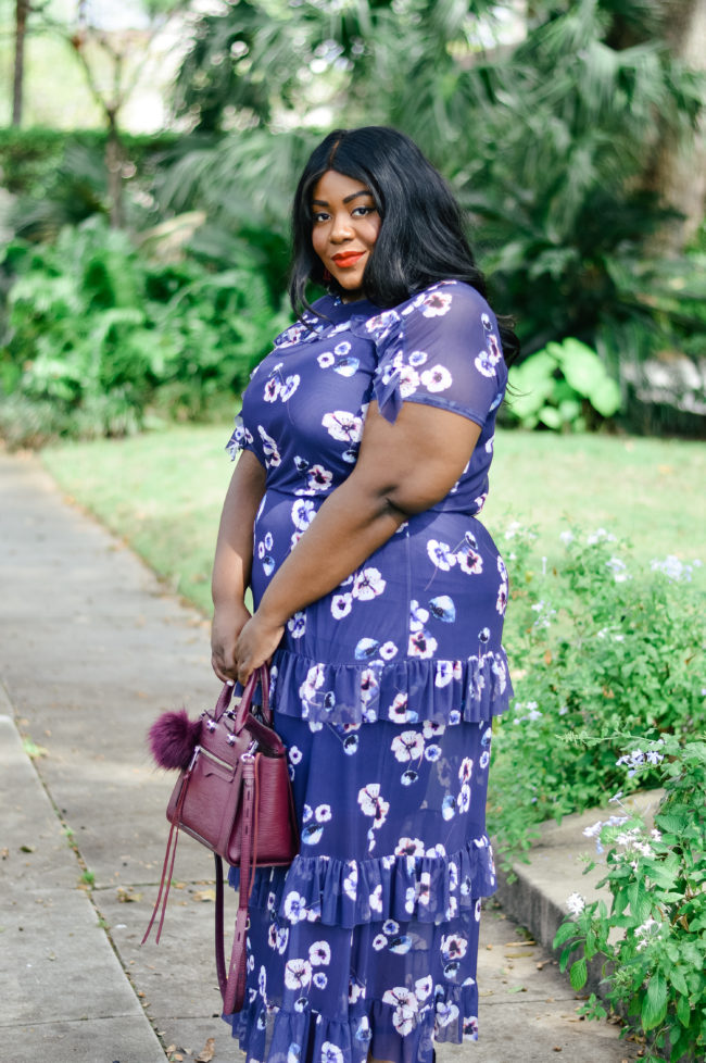 Musings of a Curvy Lady, Plus Size Fashion, Fashion Blogger, Women's Fashion, Fall Outfit Ideas, Simply Be, Who What Wear, Mesh Maxi Dress, Floral Print Maxi, Fall Maxi, Oxblood Handbag, Rebecca Minkoff, Fall Fashion