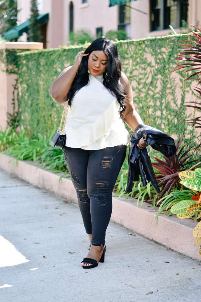 Musings of a Curvy Lady, Plus Size Fashion, Fashion Blogger, Fall Fashion, Women's Fashion, Fall Outfit Ideas, Simply Be, Who What Wear, Moto Jacket, Distressed Denim, Black Jeans, Platforms, Ruffle Top