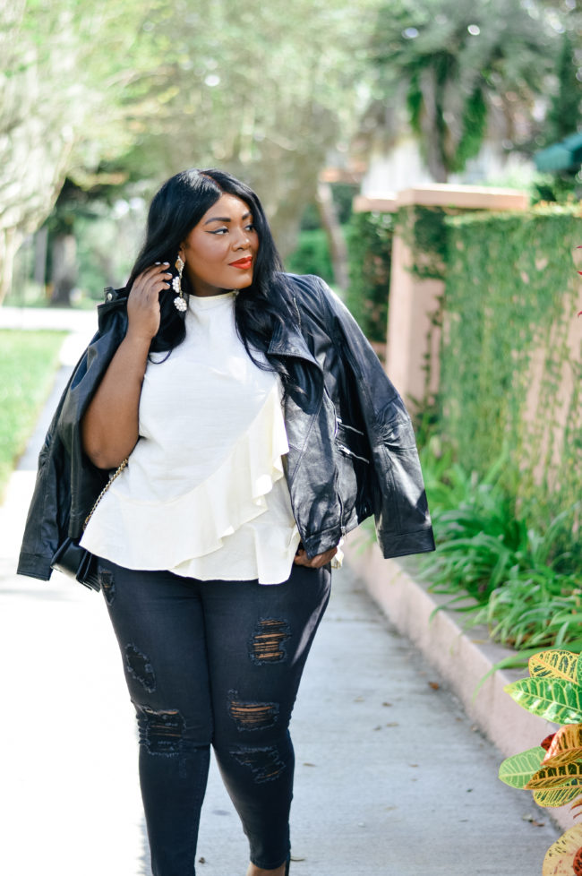 Musings of a Curvy Lady, Plus Size Fashion, Fashion Blogger, Fall Fashion, Women's Fashion, Fall Outfit Ideas, Simply Be, Who What Wear, Moto Jacket, Distressed Denim, Black Jeans, Platforms, Ruffle Top