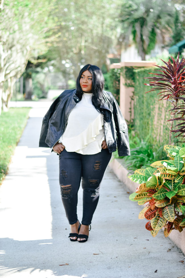 Musings of a Curvy Lady, Plus Size Fashion, Fashion Blogger, Fall Fashion, Women's Fashion, Fall Outfit Ideas, Simply Be, Who What Wear, Moto Jacket, Distressed Denim, Black Jeans, Platforms, Ruffle Top