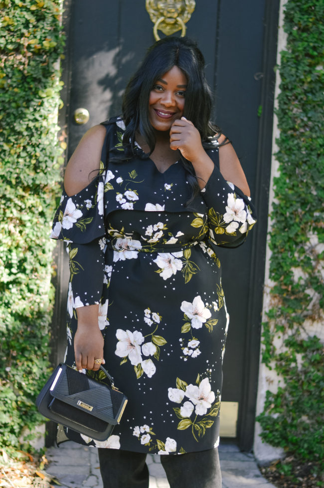 Musings of a Curvy Lady, Plus Size Fashion, River Island, #ImWearingRI, Dark Floral Dress, Fall Fashion