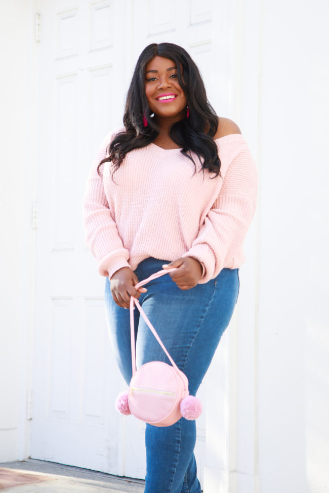 Musings of a Curvy Lady, Plus Size Fashion, Fashion Blogger, River Island, Shop Band, Pink Sweater, Off the Shoulder Sweater, Blue Jeans, White Mules, Fall Fashion, Women's Fashion