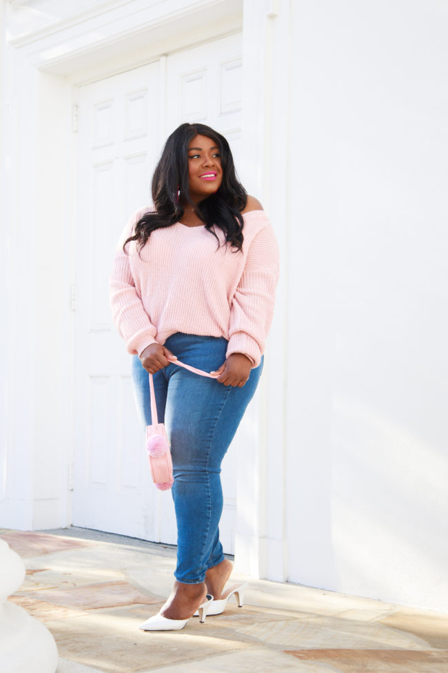 Musings of a Curvy Lady, Plus Size Fashion, Fashion Blogger, River Island, Shop Band, Pink Sweater, Off the Shoulder Sweater, Blue Jeans, White Mules, Fall Fashion, Women's Fashion