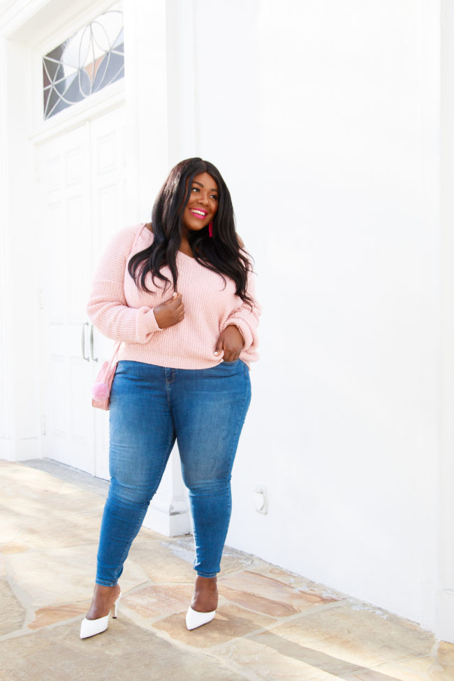 Musings of a Curvy Lady, Plus Size Fashion, Fashion Blogger, River Island, Shop Band, Pink Sweater, Off the Shoulder Sweater, Blue Jeans, White Mules, Fall Fashion, Women's Fashion