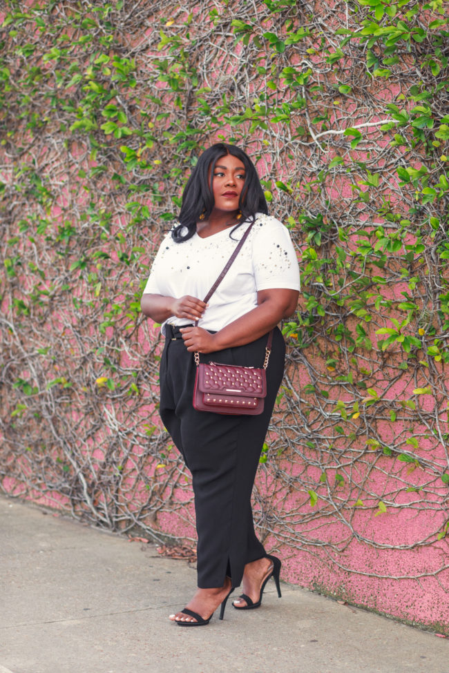 Musings of a Curvy Lady, Plus Size Fashion, Fashion Blogger, Fall Fashion, Style Inspiration, River Island, Black and White Outfit, Studded handbag, Minimalist