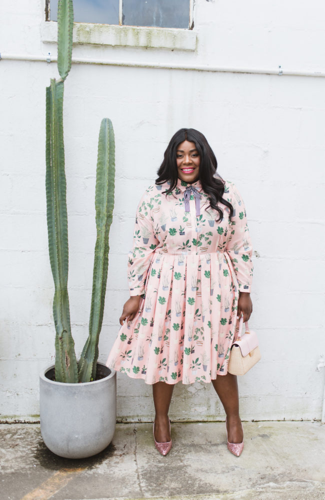 Musings of a Curvy Lady, Plus Size Fashion, Fashion Blogger, Shoes of Prey, Custom Shoes, Glitter Shoes, Block Heels, Spring Wedding Style, Office Style, Teacher Style, Cactus Print Dress, Eloquii, Women's Fashion