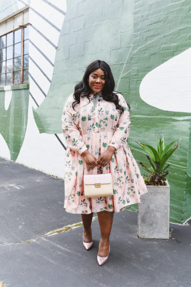 Musings of a Curvy Lady, Plus Size Fashion, Fashion Blogger, Shoes of Prey, Custom Shoes, Glitter Shoes, Block Heels, Spring Wedding Style, Office Style, Teacher Style, Cactus Print Dress, Eloquii, Women's Fashion