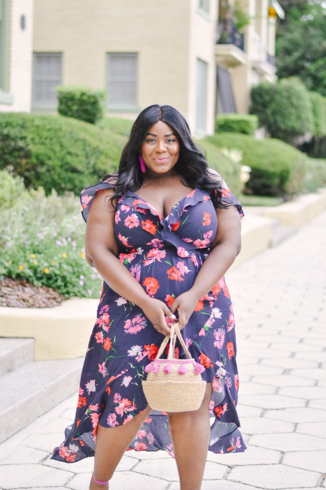 Musings of a Curvy Lady, Plus Size Fashion, Express, Express Plus Sizes, Ruffle Maxi Dress, Summer Fashion, Pom Pom Bag