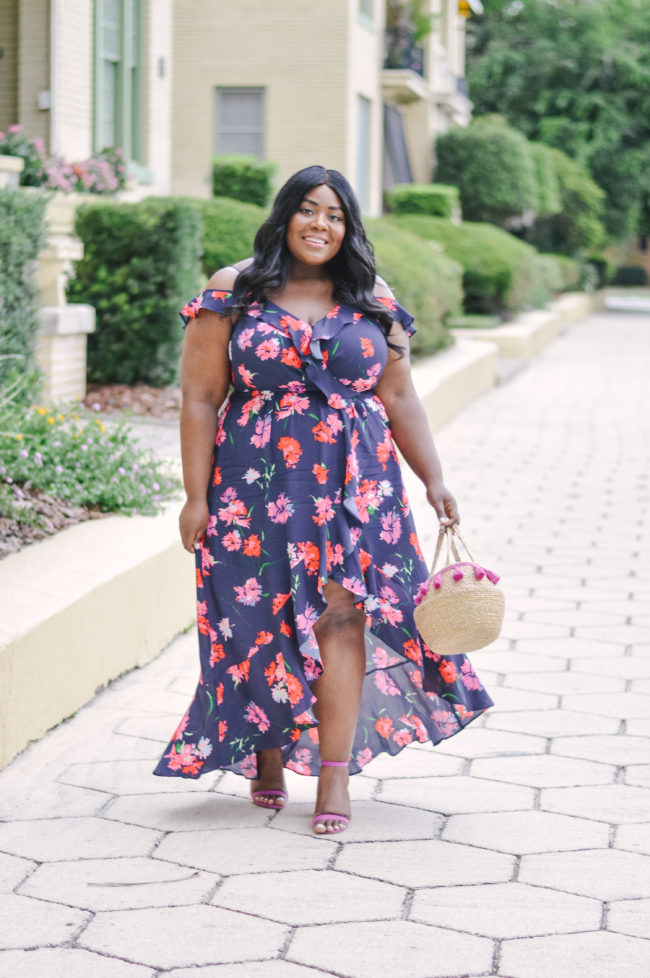 Musings of a Curvy Lady, Plus Size Fashion, Express, Express Plus Sizes, Ruffle Maxi Dress, Summer Fashion, Pom Pom Bag