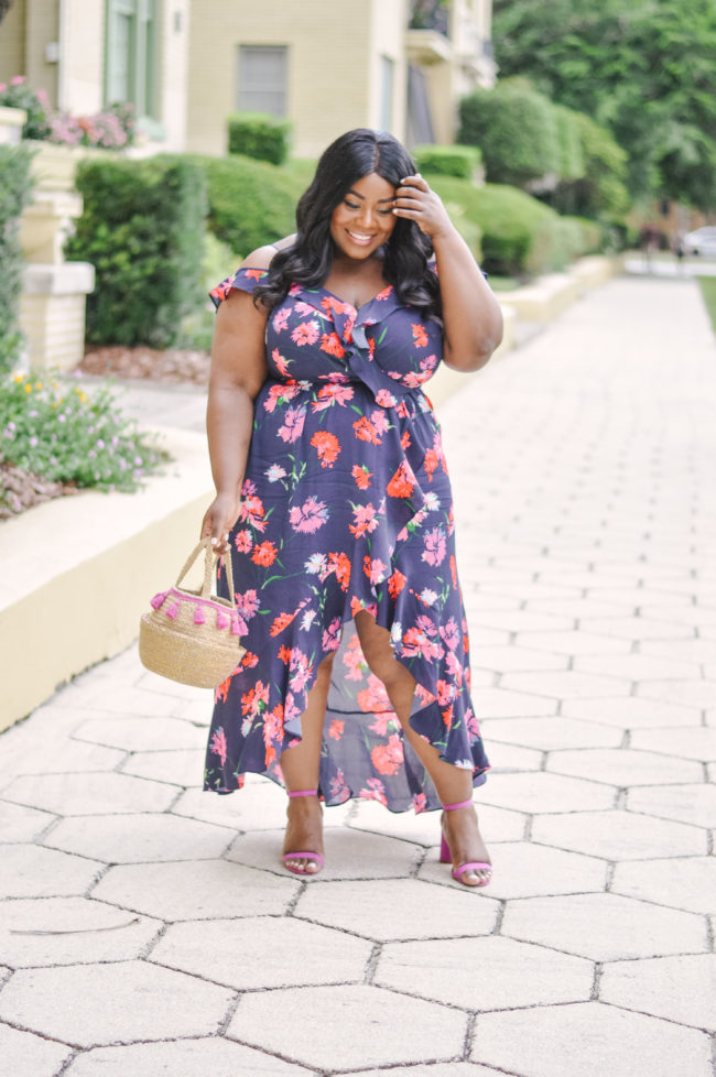 Musings of a Curvy Lady, Plus Size Fashion, Express, Express Plus Sizes, Ruffle Maxi Dress, Summer Fashion, Pom Pom Bag