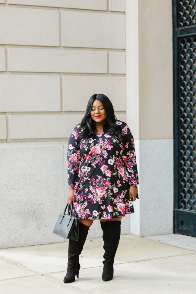 Musings of a Curvy Lady, Bloomingdale's, Karen Kane, Plus Size Fashion, Floral Prints for Fall, Dark Floral Prints, Fall Fashion, Fashion Inspo, Women's Fashion, Over the Knee Boots, Wide Calf Boots, Online Shopping