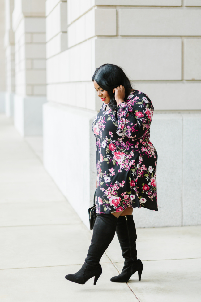 Musings of a Curvy Lady, Bloomingdale's, Karen Kane, Plus Size Fashion, Floral Prints for Fall, Dark Floral Prints, Fall Fashion, Fashion Inspo, Women's Fashion, Over the Knee Boots, Wide Calf Boots, Online Shopping