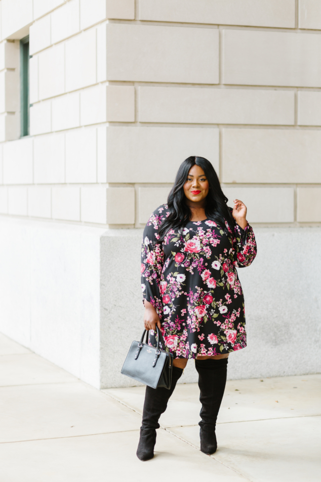 Musings of a Curvy Lady, Bloomingdale's, Karen Kane, Plus Size Fashion, Floral Prints for Fall, Dark Floral Prints, Fall Fashion, Fashion Inspo, Women's Fashion, Over the Knee Boots, Wide Calf Boots, Online Shopping