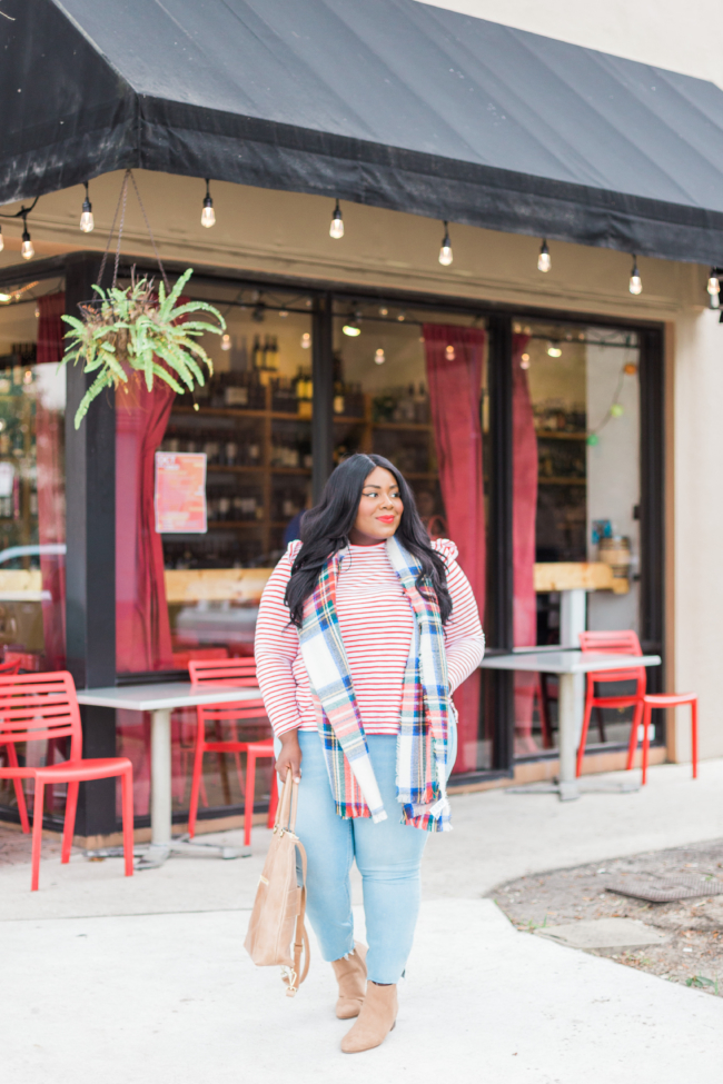 Musings of a Curvy Lady, Old Navy, Rockstar Jeans, Built-In-Warm Rockstar Jeans, Plus Size Jeans, Plus Size Denim, Fall Outfit Ideas, Red Stripe Shirt, Mix Prints Outfit, Stipes and Plaid, Suede Block Booties, Sephora 01 Cream Lip Stain, Jacksonville, Florida Blogger, New York Blogger, Miami Blogger, 