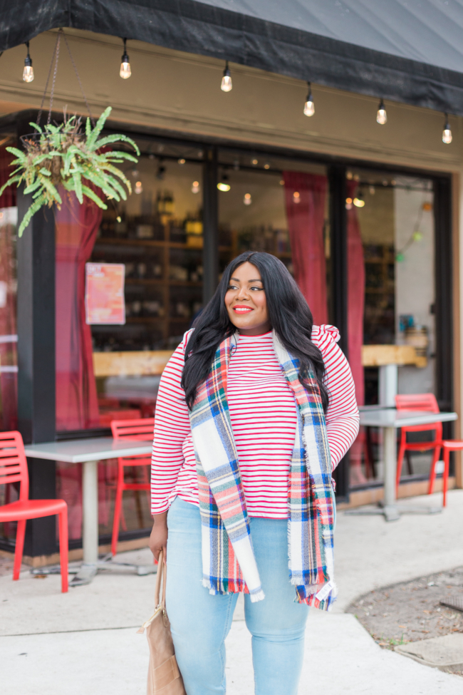 Musings of a Curvy Lady, Old Navy, Rockstar Jeans, Built-In-Warm Rockstar Jeans, Plus Size Jeans, Plus Size Denim, Fall Outfit Ideas, Red Stripe Shirt, Mix Prints Outfit, Stipes and Plaid, Suede Block Booties, Sephora 01 Cream Lip Stain, Jacksonville, Florida Blogger, New York Blogger, Miami Blogger, 