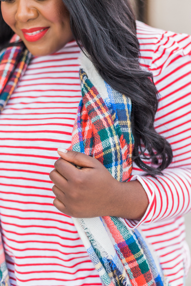 Musings of a Curvy Lady, Old Navy, Rockstar Jeans, Built-In-Warm Rockstar Jeans, Plus Size Jeans, Plus Size Denim, Fall Outfit Ideas, Red Stripe Shirt, Mix Prints Outfit, Stipes and Plaid, Suede Block Booties, Sephora 01 Cream Lip Stain, Jacksonville, Florida Blogger, New York Blogger, Miami Blogger, 