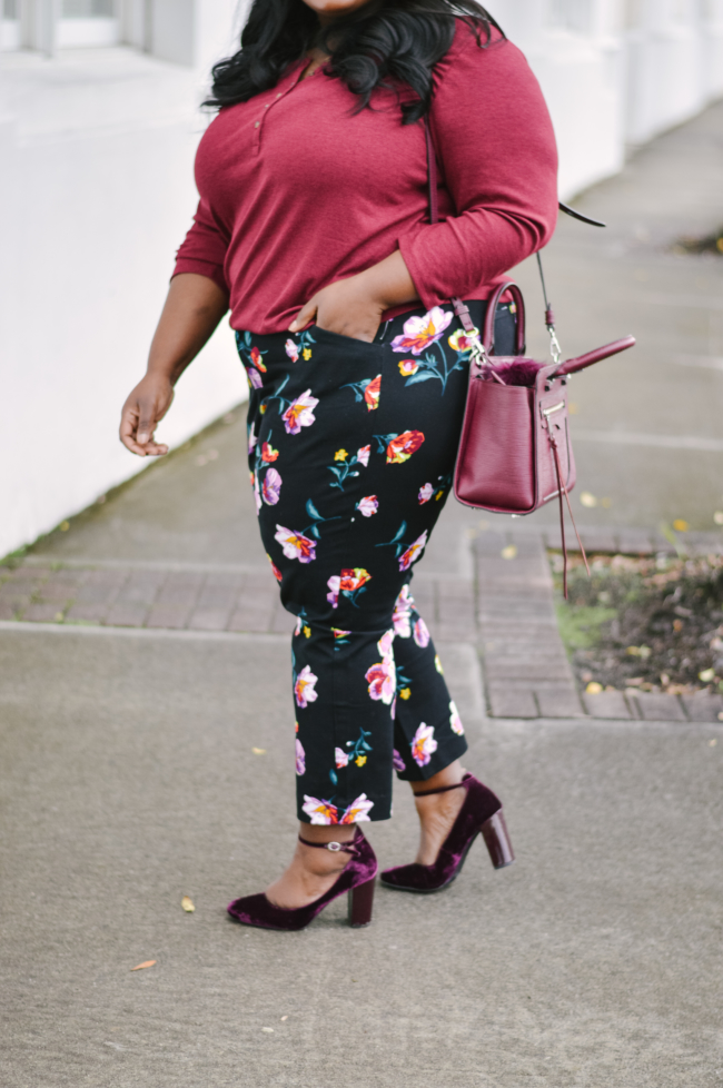 Musings of a Curvy Lady, Plus Size Fashion, Fashion Blogger, Old Navy, Pixie Pants, Floral Print Pants, Work Wear Inspiration, Women's Fashion, Velvet Block Heels, Oxblood Outfit Inspo