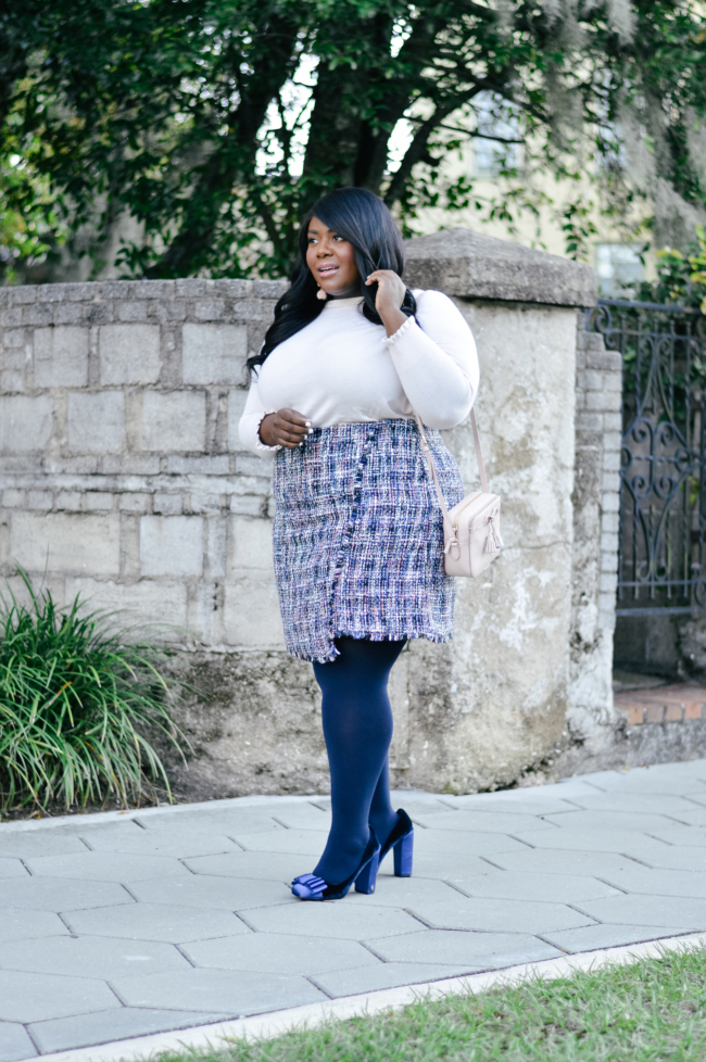 Musings of a Curvy Lady, Plus Size Fashion, Winter Fashion, Winter Outfit Ideas, LOFT, Tweed Skirt Ideas, Navy Tights, Tory Burch Block Heels, Blush and Navy Blue Outfit, Plus Size Work Outfit Ideas, Fashion Blogger