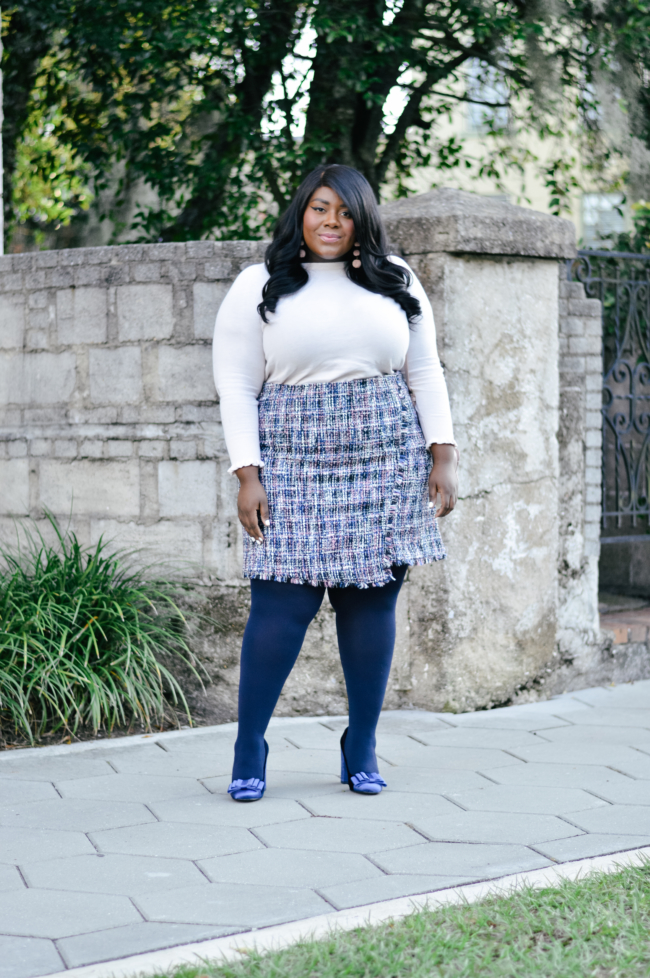 Musings of a Curvy Lady, Plus Size Fashion, Winter Fashion, Winter Outfit Ideas, LOFT, Tweed Skirt Ideas, Navy Tights, Tory Burch Block Heels, Blush and Navy Blue Outfit, Plus Size Work Outfit Ideas, Fashion Blogger