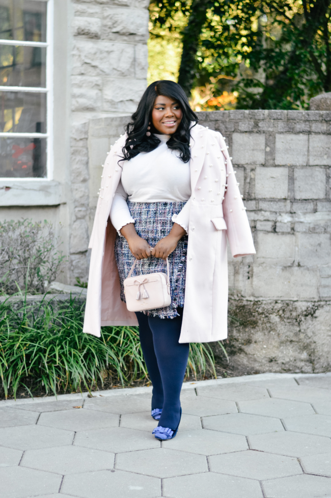 Musings of a Curvy Lady, Plus Size Fashion, Winter Fashion, Winter Outfit Ideas, LOFT, Tweed Skirt Ideas, Navy Tights, Tory Burch Block Heels, Blush and Navy Blue Outfit, Plus Size Work Outfit Ideas, Fashion Blogger