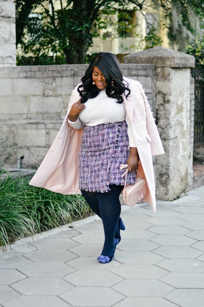 Musings of a Curvy Lady, Plus Size Fashion, Winter Fashion, Winter Outfit Ideas, LOFT, Tweed Skirt Ideas, Navy Tights, Tory Burch Block Heels, Blush and Navy Blue Outfit, Plus Size Work Outfit Ideas, Fashion Blogger