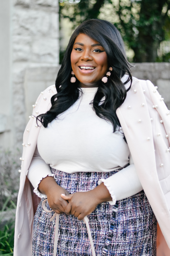 Musings of a Curvy Lady, Plus Size Fashion, Winter Fashion, Winter Outfit Ideas, LOFT, Tweed Skirt Ideas, Navy Tights, Tory Burch Block Heels, Blush and Navy Blue Outfit, Plus Size Work Outfit Ideas, Fashion Blogger