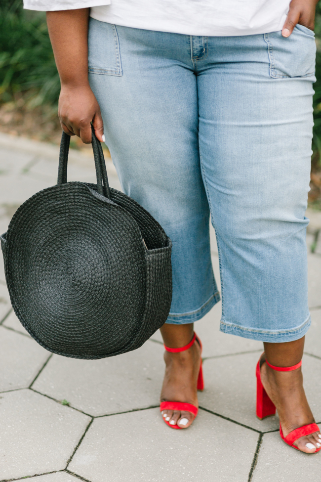 Musings of a Curvy Lady, Plus Size Fashion, Fashion Blogger, Wide Leg Cropped Jeans, EV1 by Ellen DeGeneres, Walmart, Walmart Fashion, Spring Fashion, Straw Circle Bag, Steve Madden Carrson Sandal, Women's Fashion, Casual Outfit Idea, Time and Tru Walmart