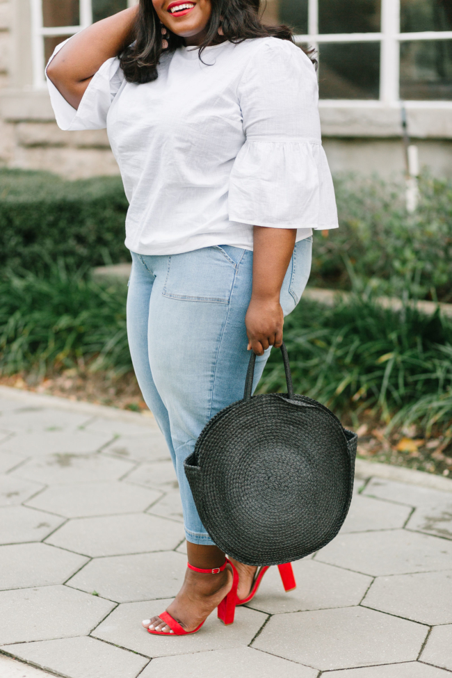 Musings of a Curvy Lady, Plus Size Fashion, Fashion Blogger, Wide Leg Cropped Jeans, EV1 by Ellen DeGeneres, Walmart, Walmart Fashion, Spring Fashion, Straw Circle Bag, Steve Madden Carrson Sandal, Women's Fashion, Casual Outfit Idea, Time and Tru Walmart