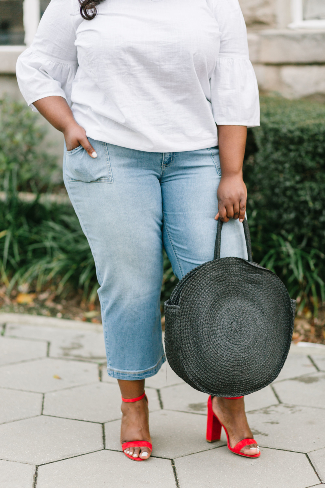 Musings of a Curvy Lady, Plus Size Fashion, Fashion Blogger, Wide Leg Cropped Jeans, EV1 by Ellen DeGeneres, Walmart, Walmart Fashion, Spring Fashion, Straw Circle Bag, Steve Madden Carrson Sandal, Women's Fashion, Casual Outfit Idea, Time and Tru Walmart